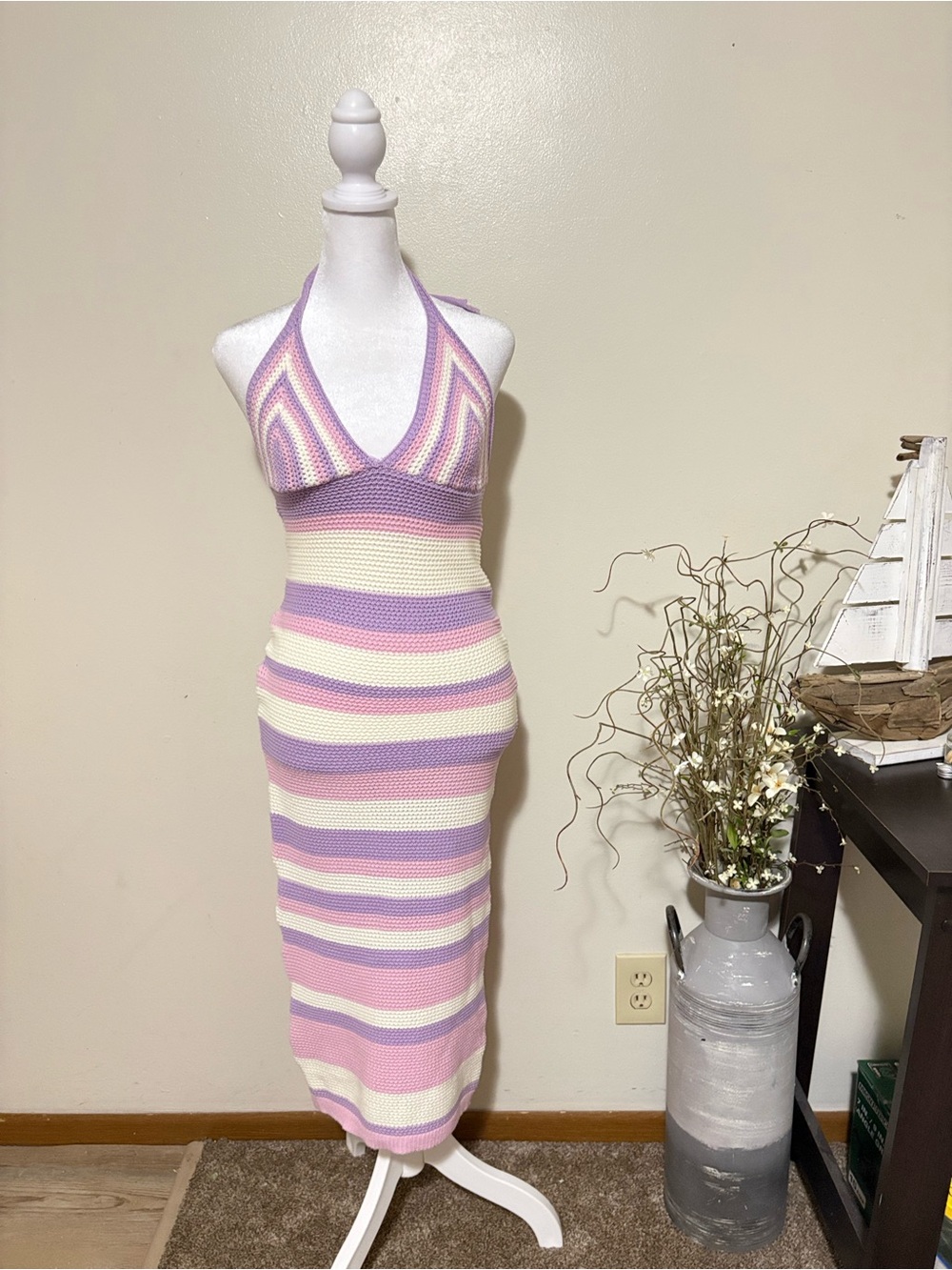 Striped Purple and White Halter Dress